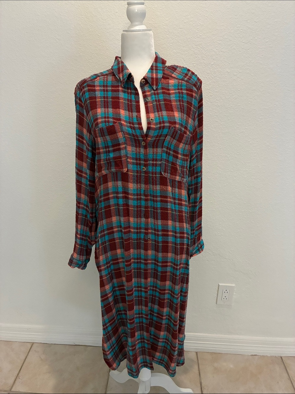 Pilcro plaid  Button-Front Long Sleeve Shirt Dress in Teal & Burgundy